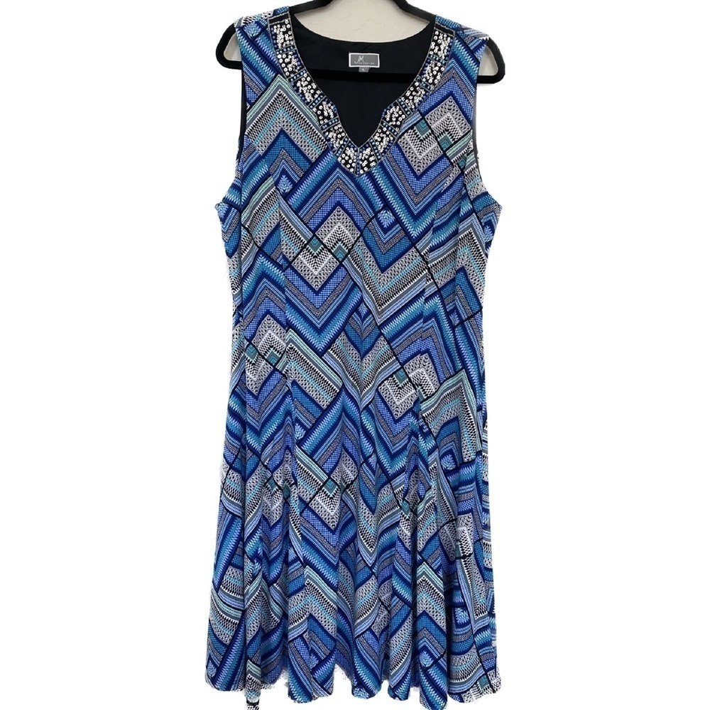 JM Collection Beaded Dress in Geometric Blue Print Size XL